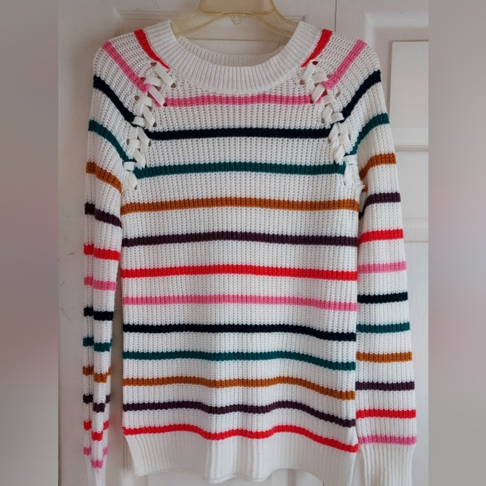 Multicolor SO Stripe Laced Sleeves Ribbed Knit Sweater M Coastal Preppy College